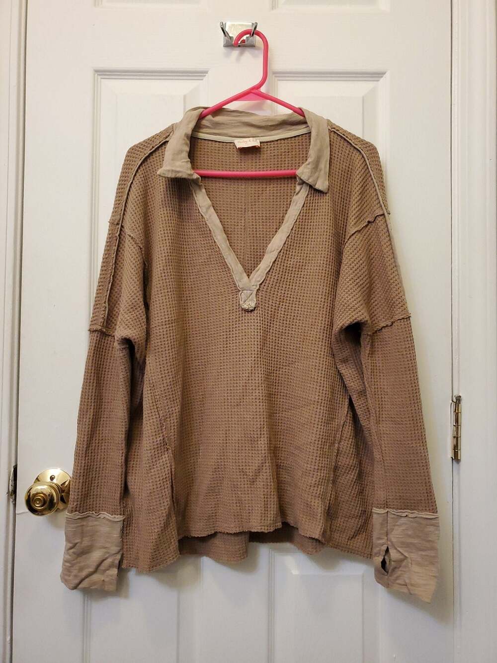 Hailey & Co Waffle Knit Oversized Polo Pullover Top Brown Boho Raw Edge Seam